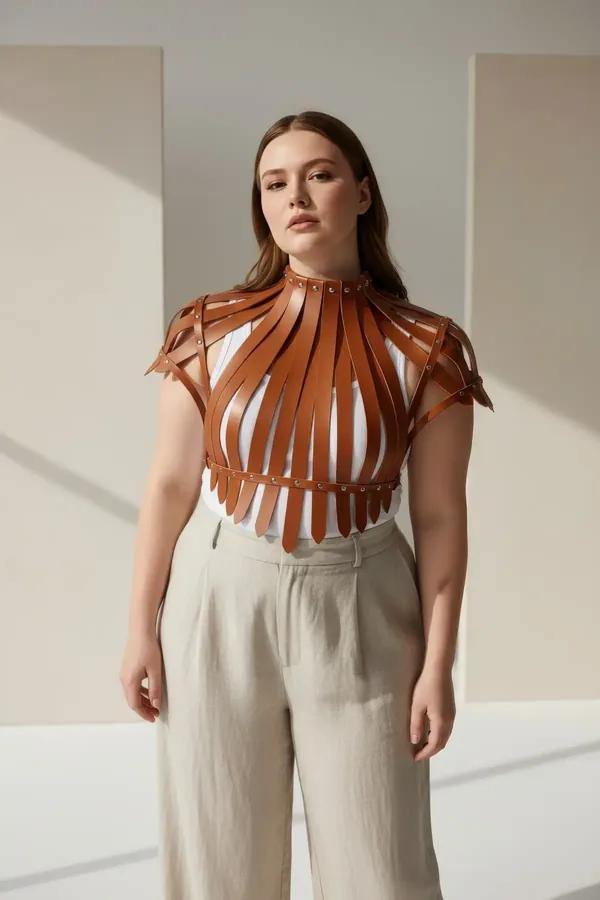 Tan Faux Leather High-Neck Harness Top with Studs