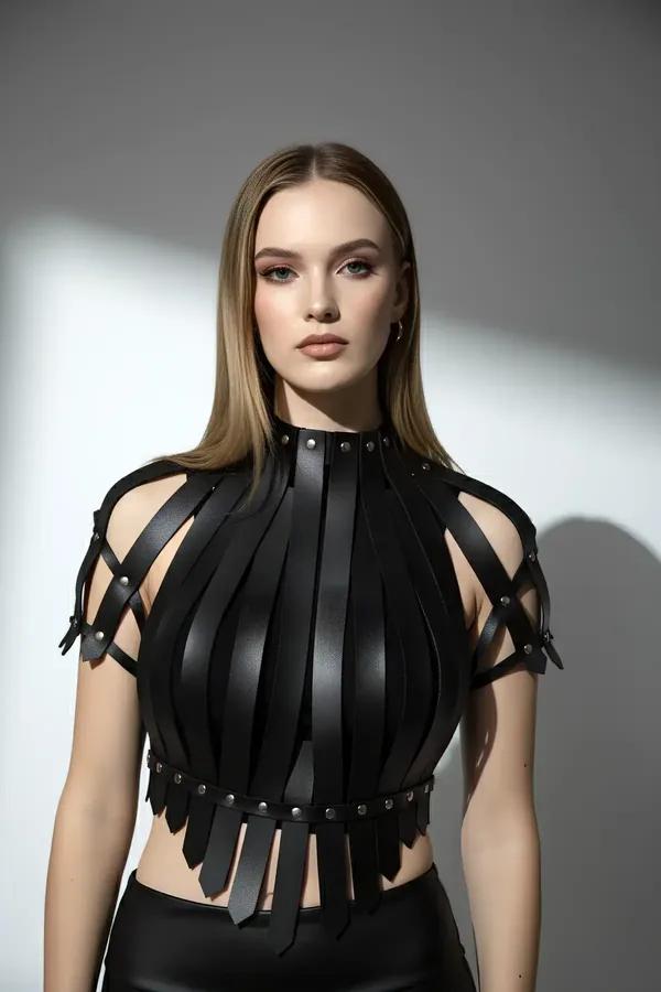 High-Neck Faux Leather Crop Harness Top with Studs
