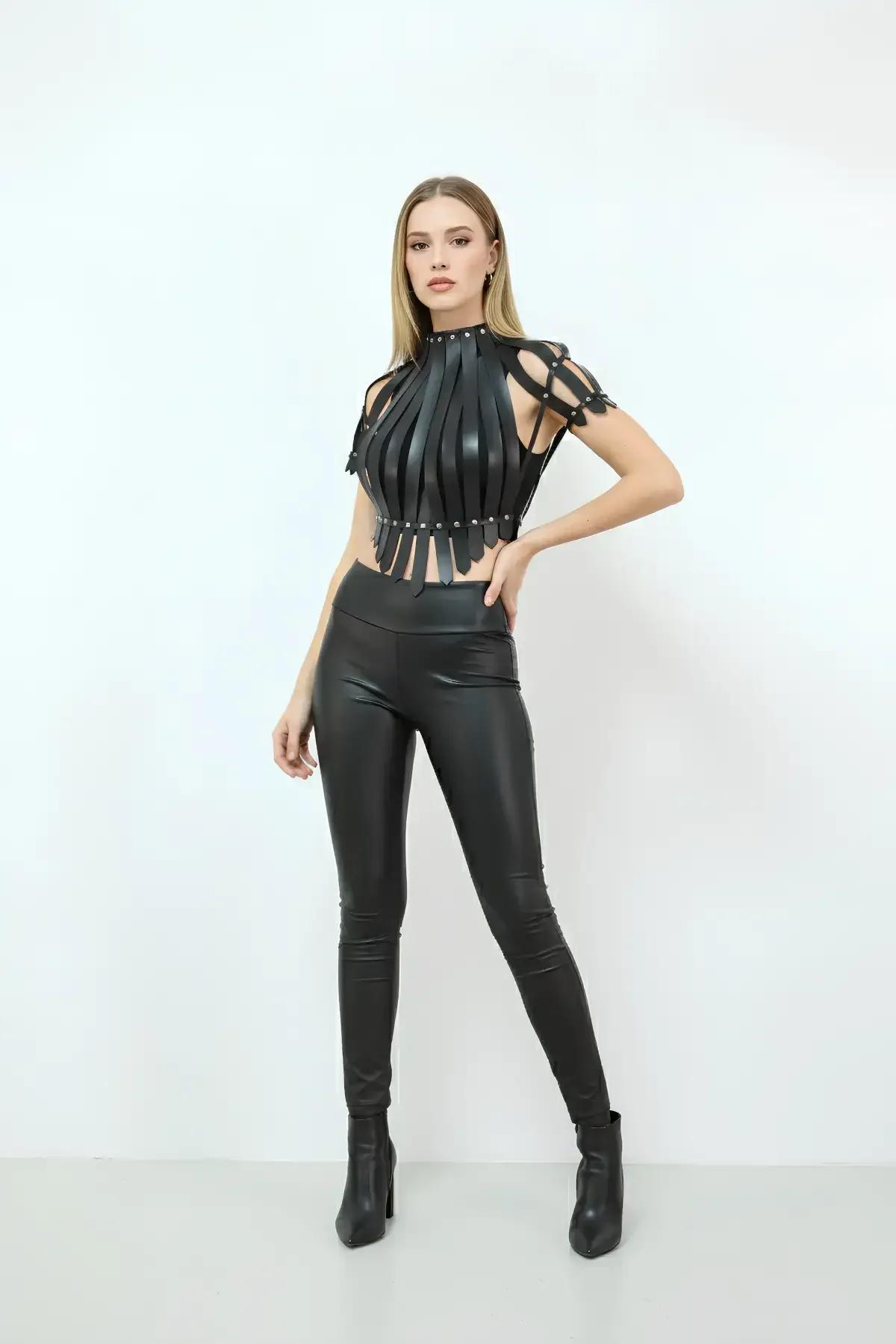 High-Neck Faux Leather Crop Harness Top with Studs