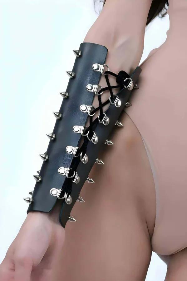 Leather Arm Cuff Spiked Lace-Up Gauntlet Accessory