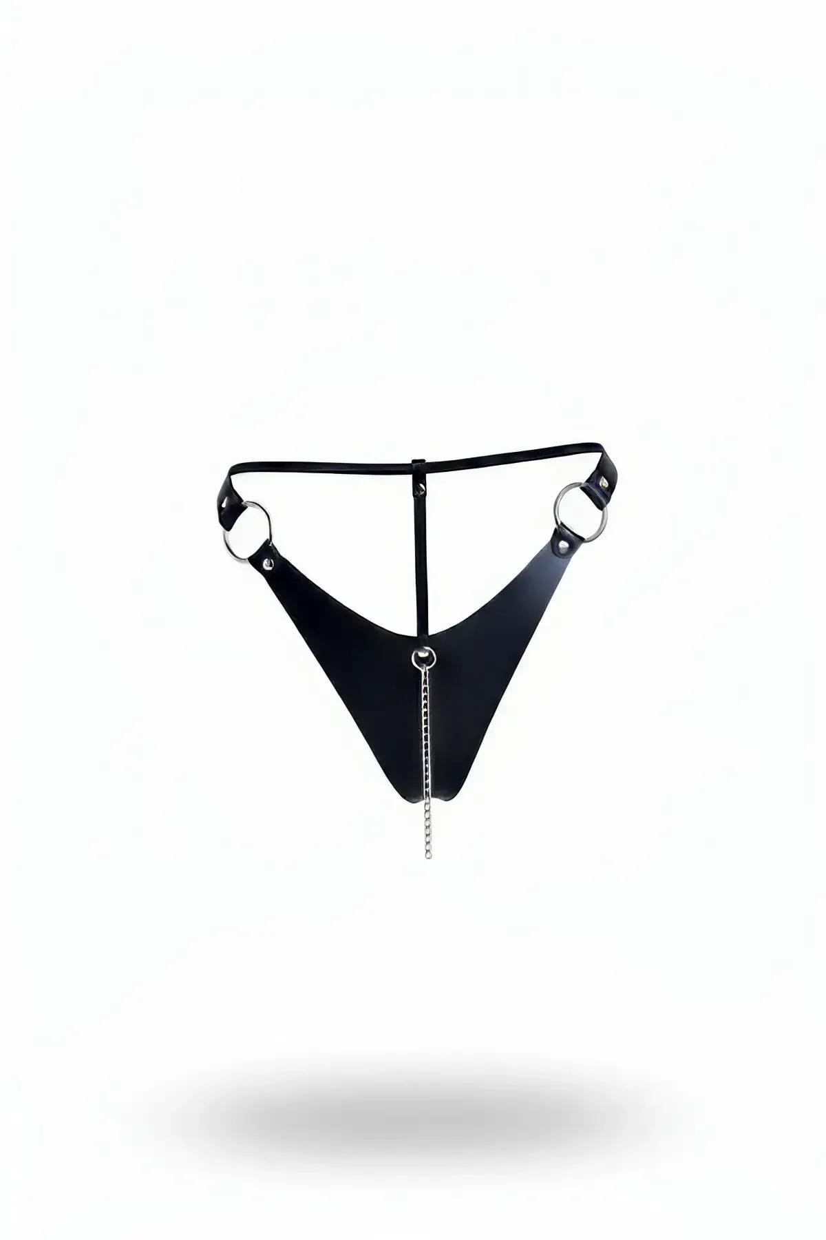 Black Faux Leather O-Ring Thong with Chain Detail