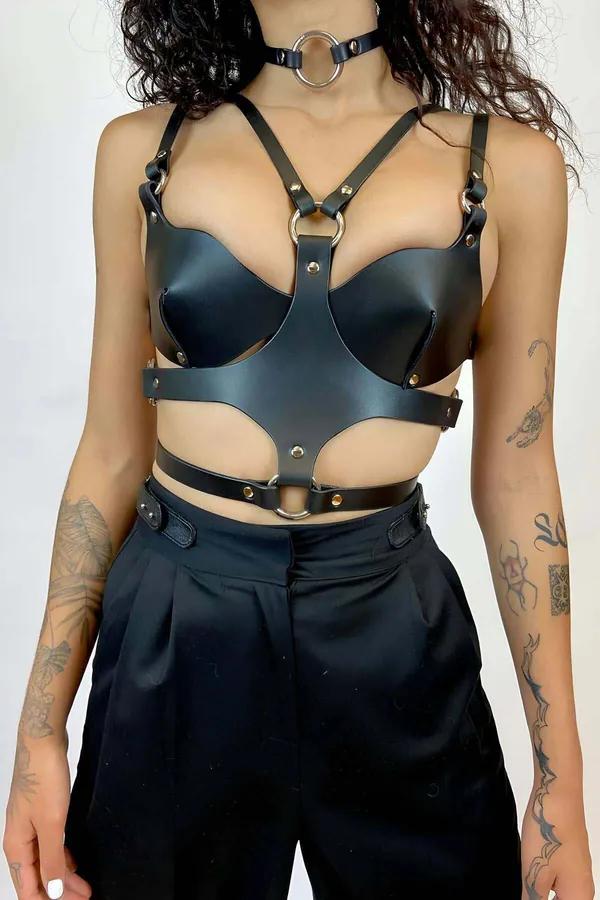 Leather Body Harness with Choker and Bra Top Design