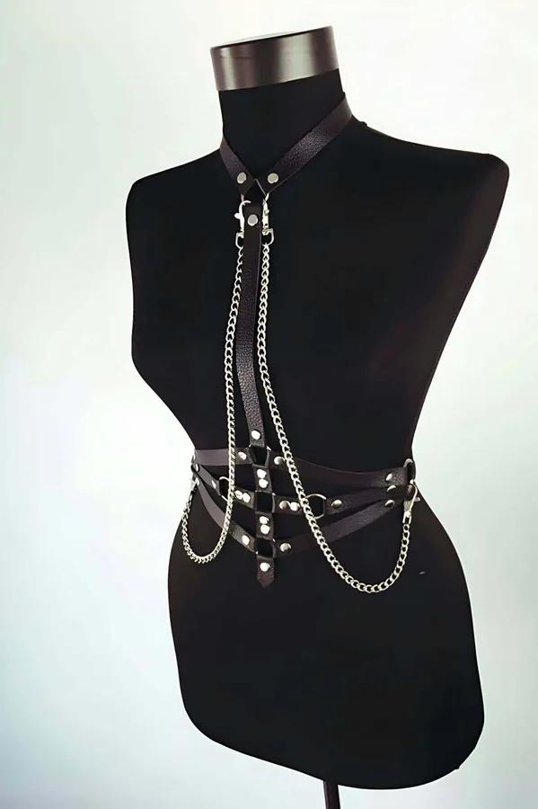 Leather Body Harness with Chains - Adjustable Fashion