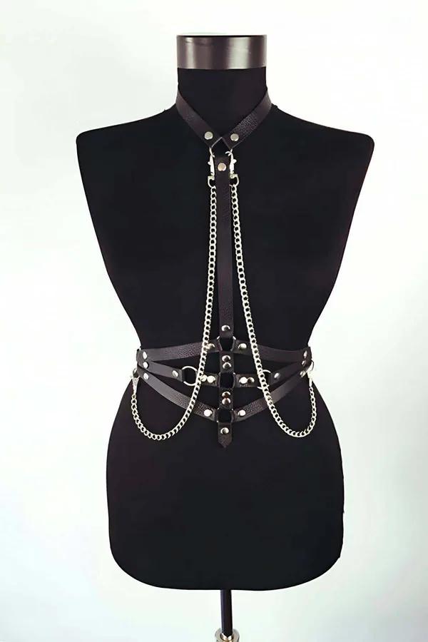 Leather Body Harness with Chains - Adjustable Fashion