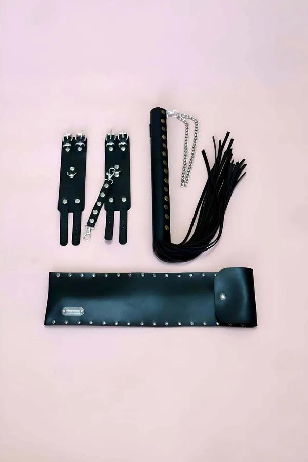 Premium BDSM Leather Restraint Set - Flogger & Studded Cuffs Kit