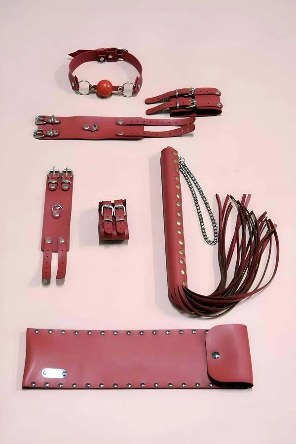 Deluxe Red Bondage Play Kit - Collar, Cuffs, Gag, Whip