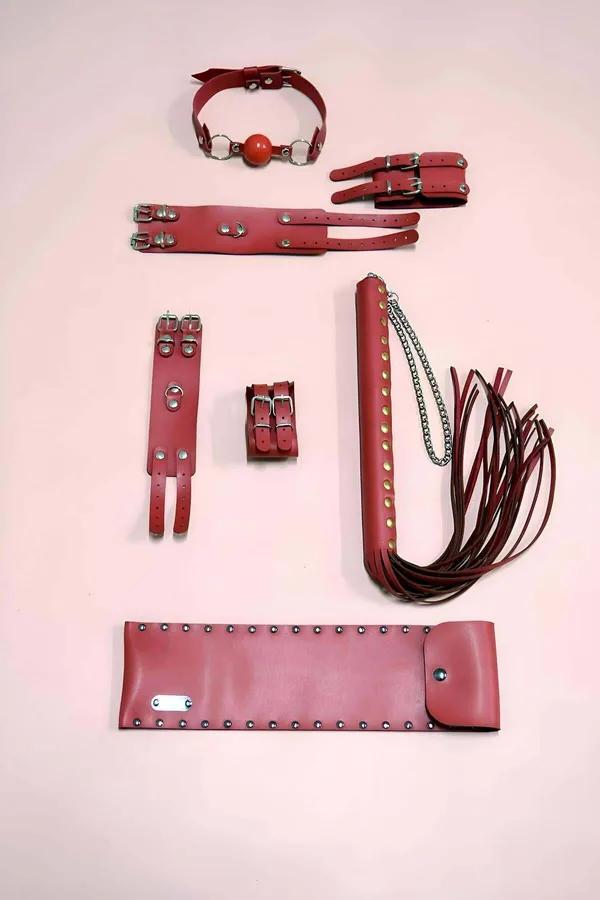 Deluxe Red Bondage Play Kit - Collar, Cuffs, Gag, Whip