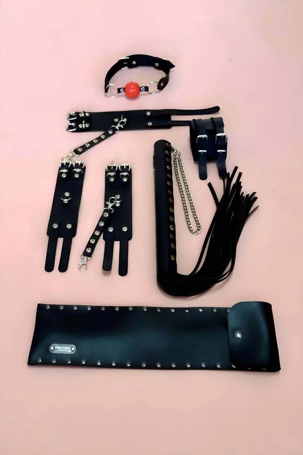Faux Leather Accessory & Restraint Set with Ball Gag & Whip