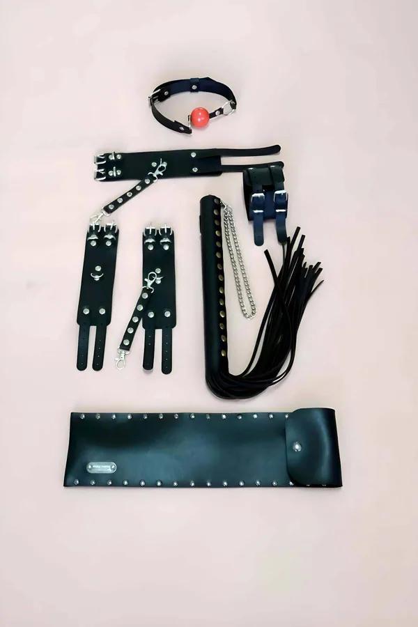 Faux Leather Accessory & Restraint Set with Ball Gag & Whip