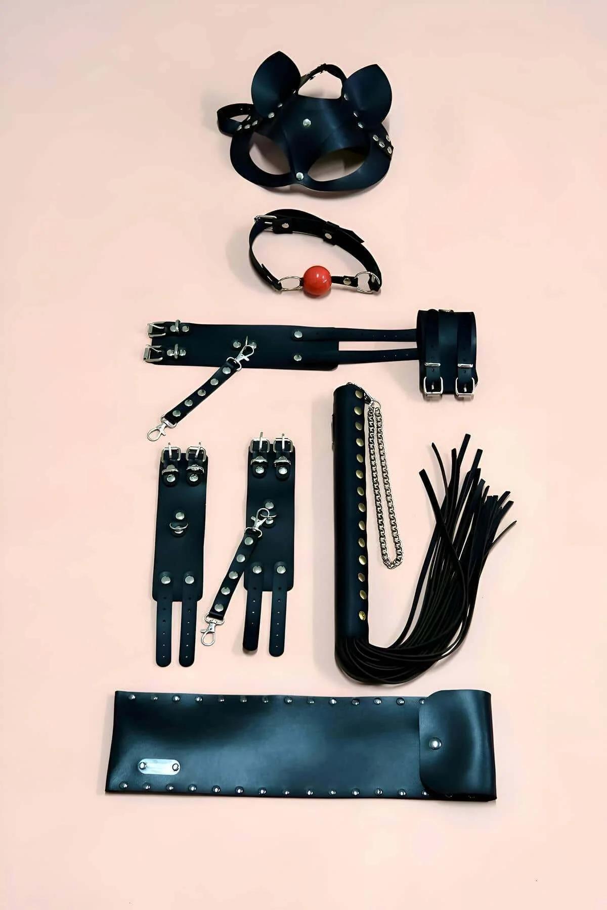 Leather Kink Play Set: Mask, Gag, Cuffs, and Flogger Kit