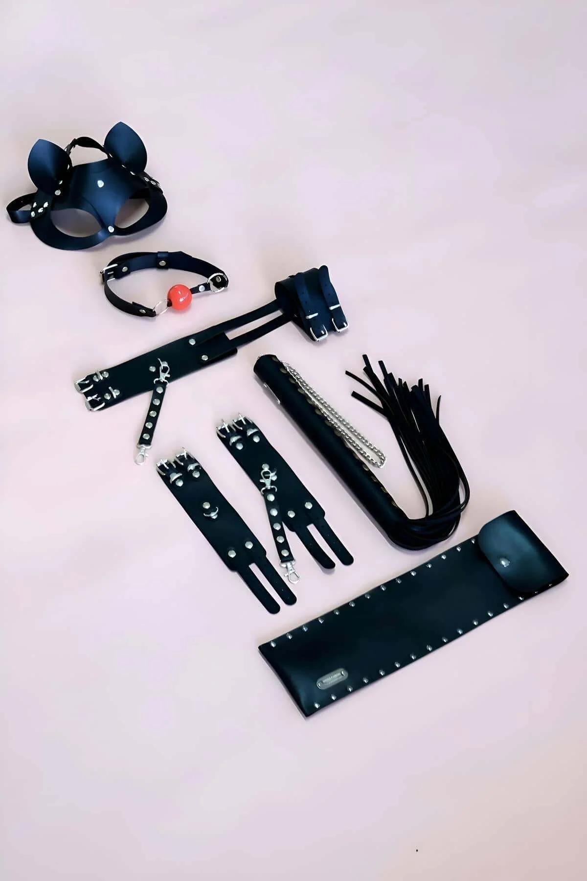 Leather Kink Play Set: Mask, Gag, Cuffs, and Flogger Kit