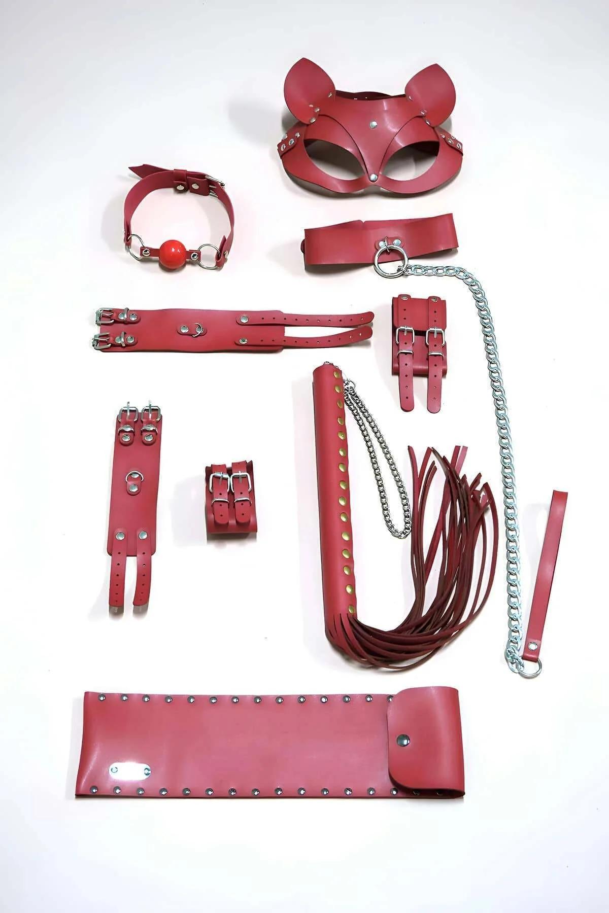 Leather BDSM Play Set with Mask, Cuffs, Gag, and Flogger