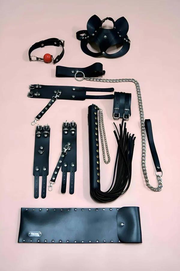 Deluxe BDSM Play Kit with Leather Cuffs, Mask, Gag & Whip