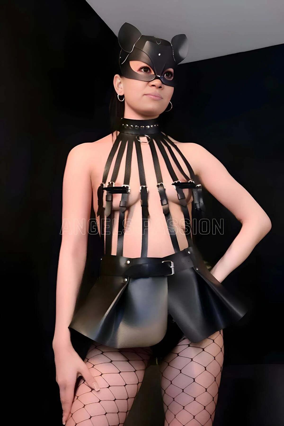 Leather Harness Set with Pleated Skirt & Cat Mask