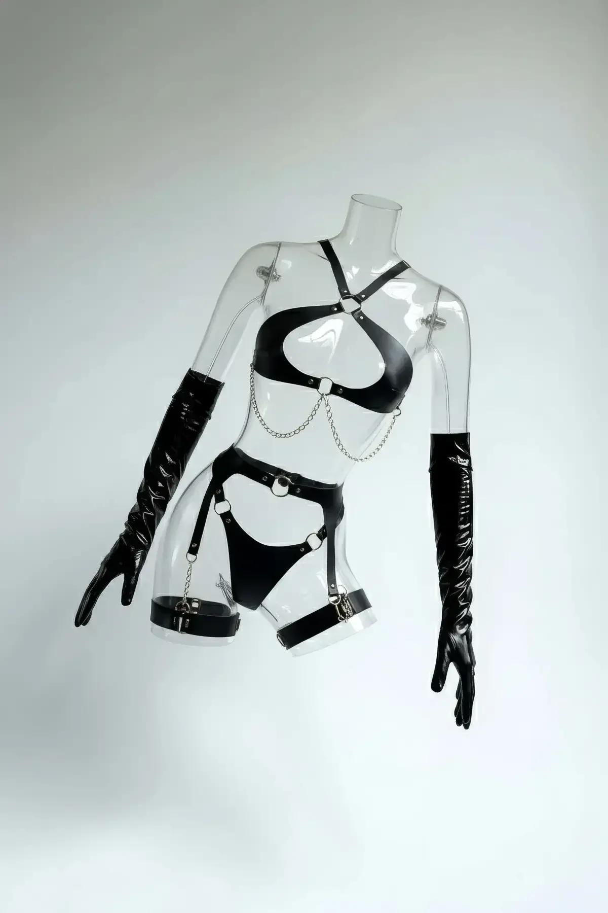 Faux Leather Harness Set with Chain and Garter Straps