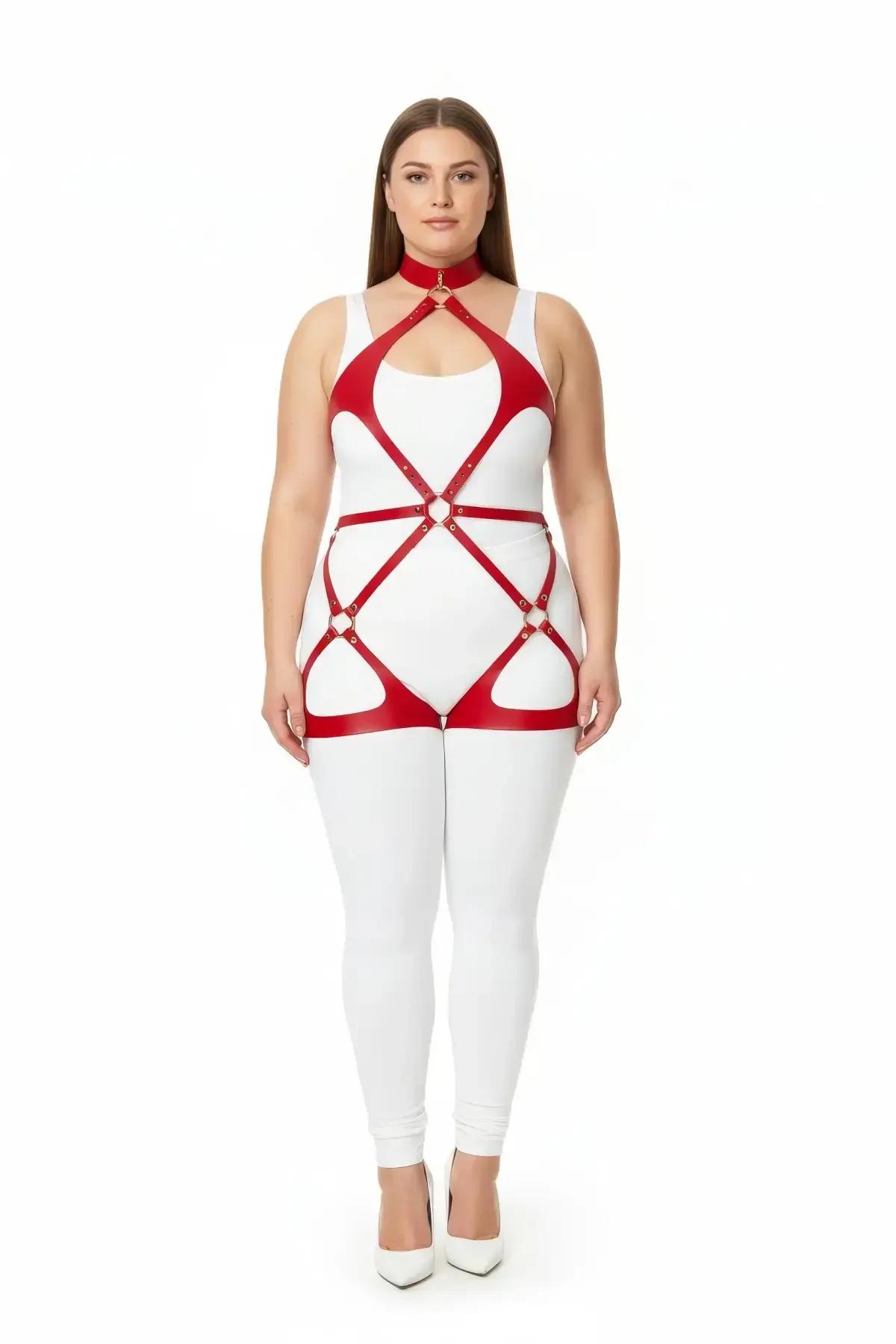 Red Faux Leather Full Body Harness with O-Ring Details