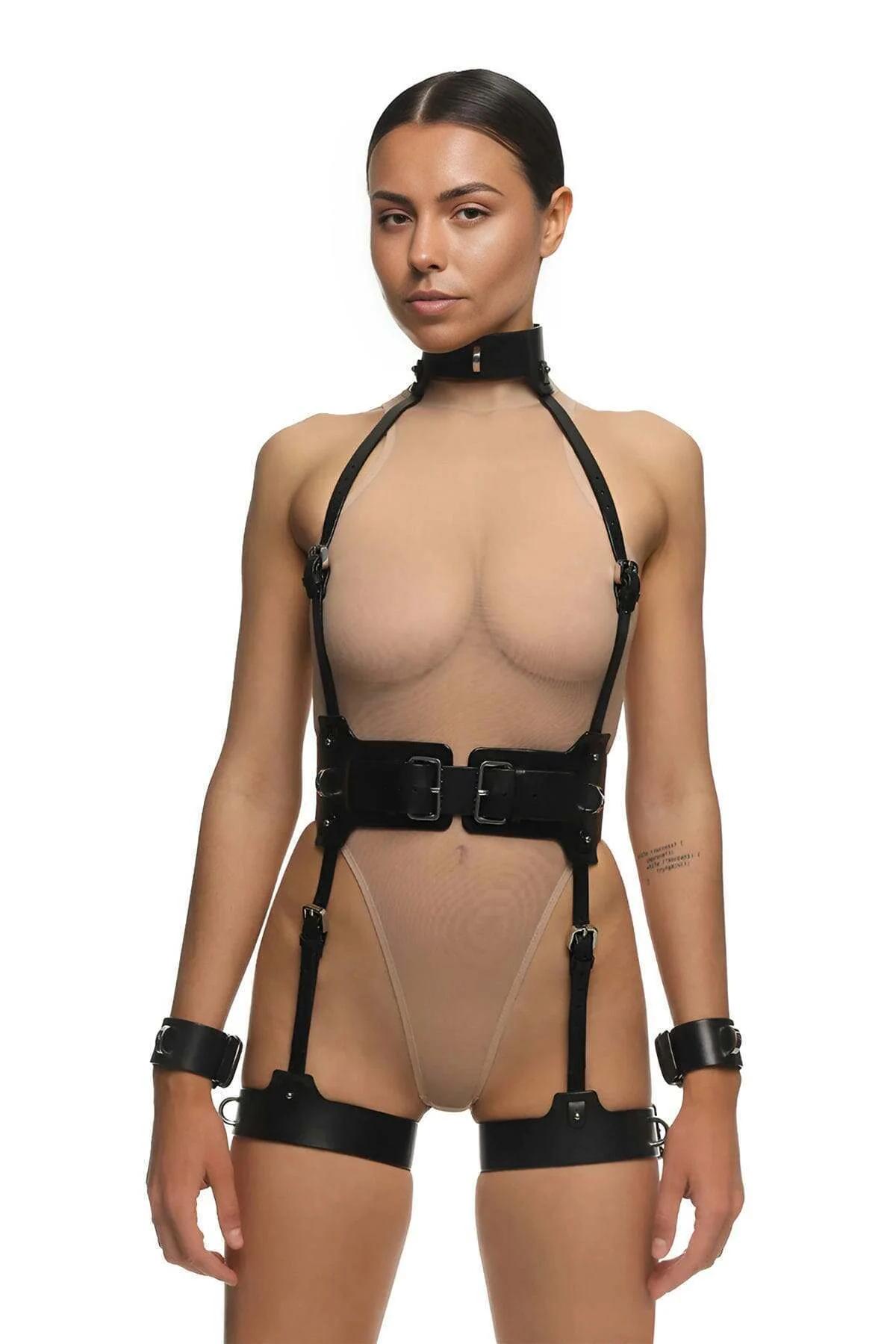 Women's Leather Harness Set with Cuffs and Garter Straps