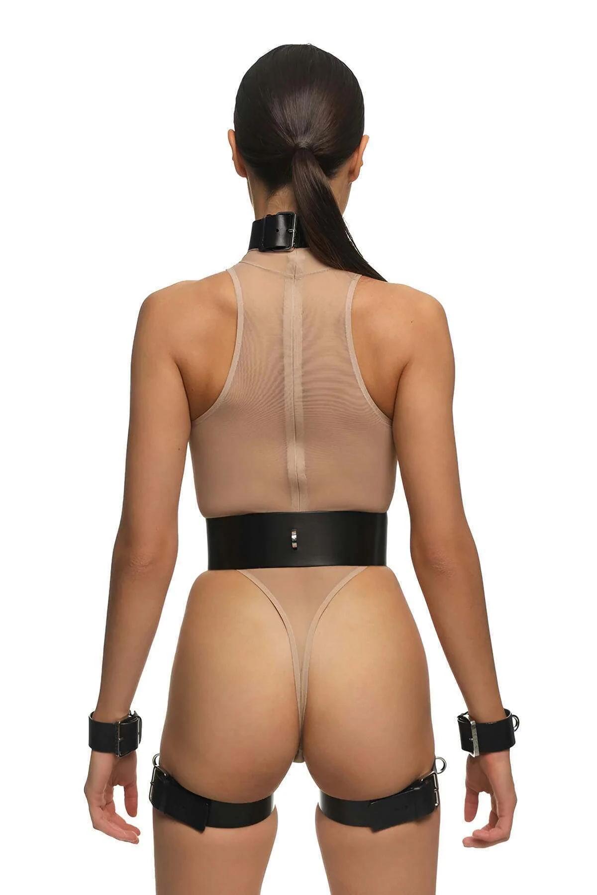 Women's Leather Harness Set with Cuffs and Garter Straps