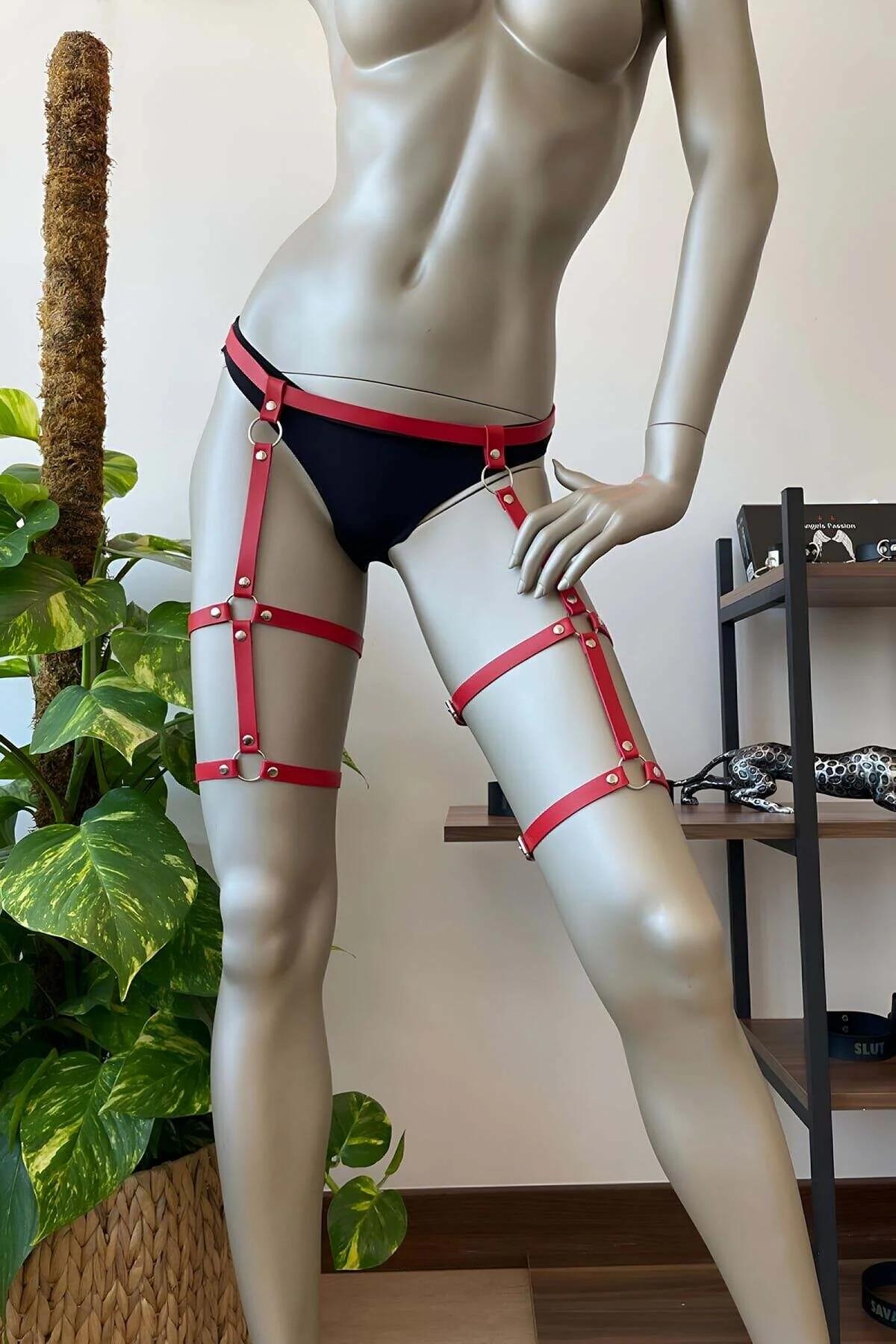 Red Garter Harness for Women - Adjustable Faux Leather Thigh Accessory