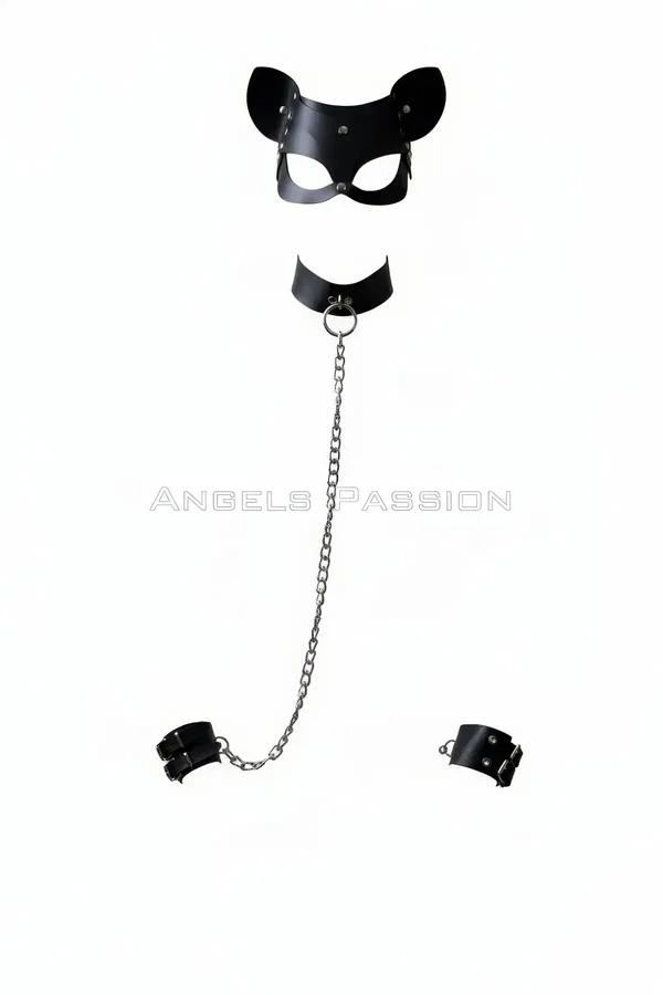 Faux Leather Cat Mask Set with Choker & Wrist Cuffs
