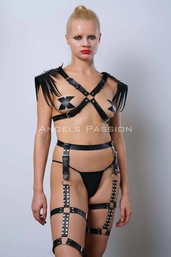 Leather Harness Garter Set with Feathered Shoulder Straps