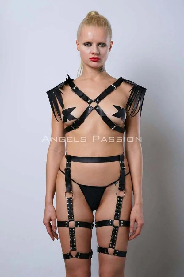Leather Harness Garter Set with Feathered Shoulder Straps
