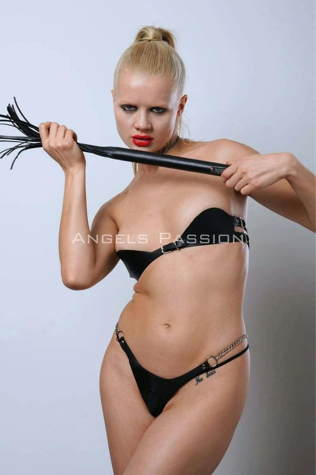 Black Leather Lingerie Set with Open Crotch Bra, Thong & Whip