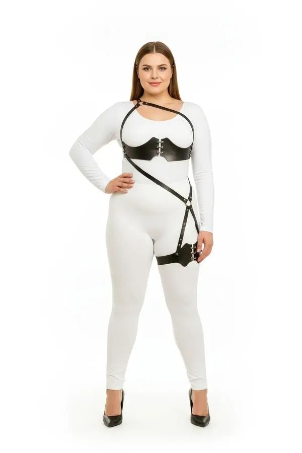Plus Size Leather Body Harness with Corset Waist & Thigh Strap