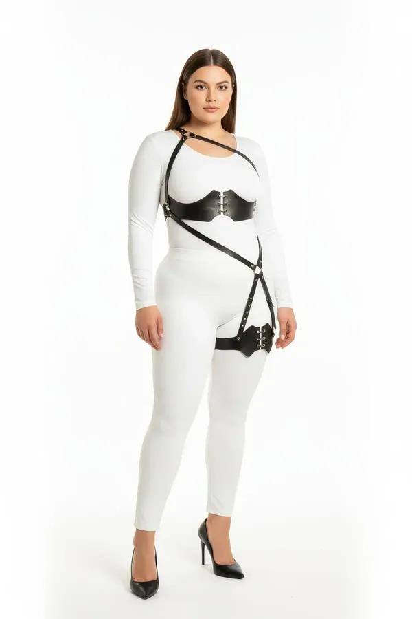 Plus Size Leather Body Harness with Corset Waist & Thigh Strap