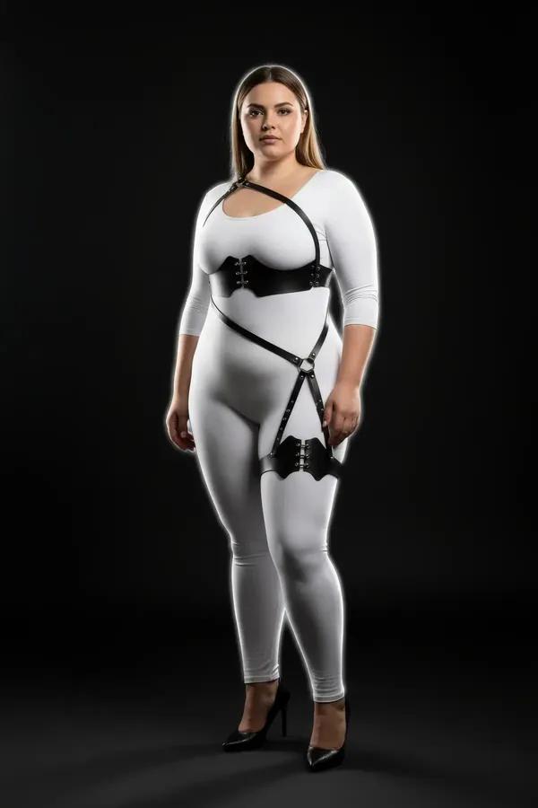 Plus Size Leather Body Harness with Corset Waist & Thigh Strap