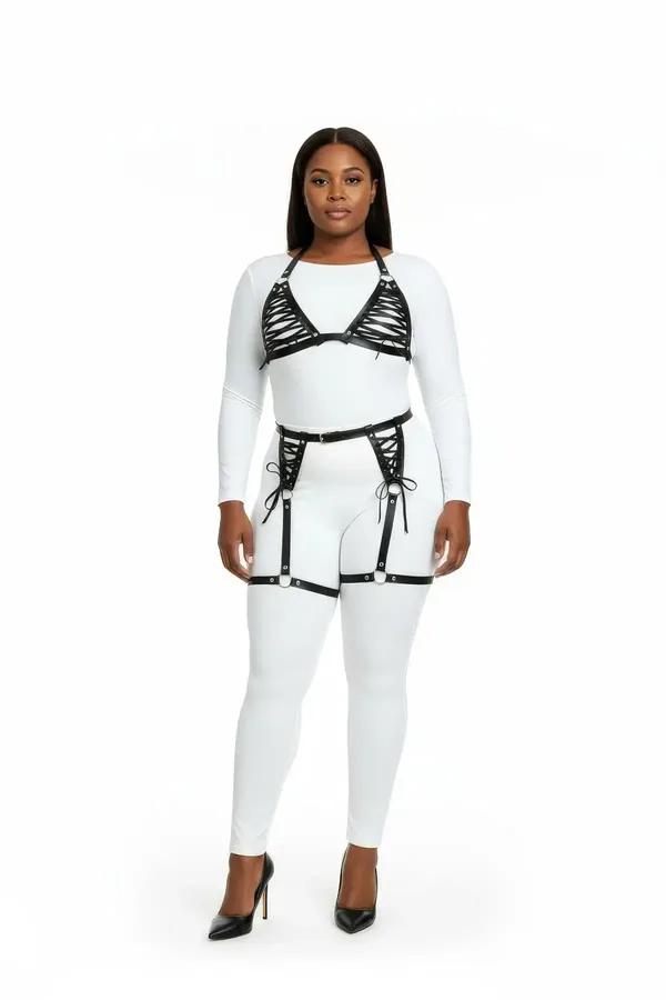 Lace-Up Faux Leather Body Harness with Garter Straps