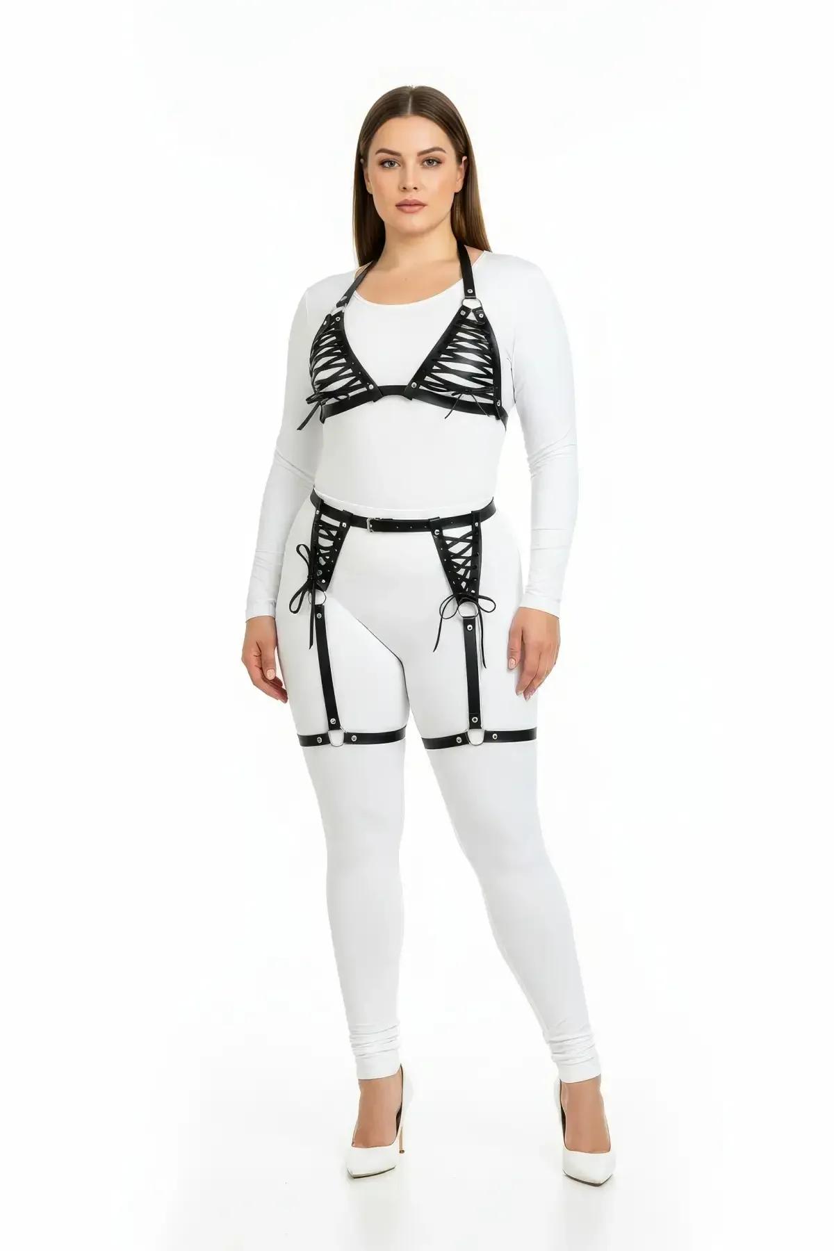 Lace-Up Faux Leather Body Harness with Garter Straps