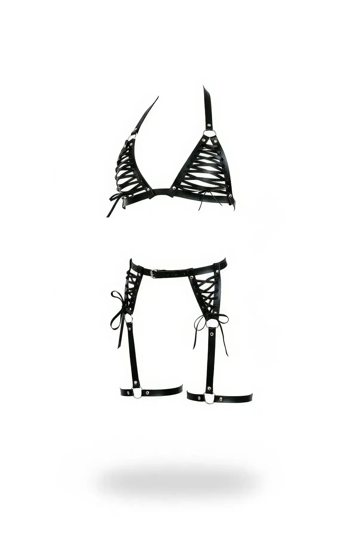 Lace-Up Bra & Garter Harness Set with O-Rings