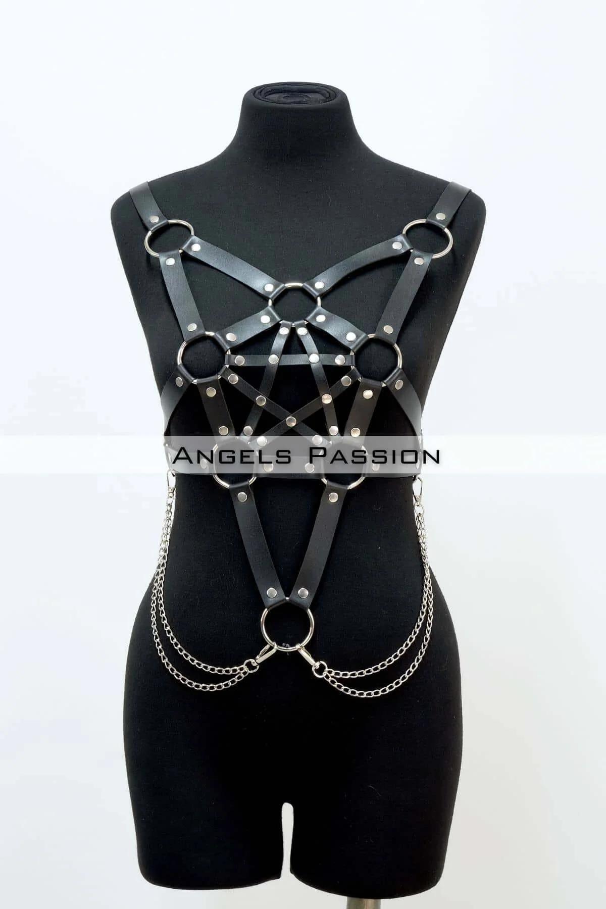 Adjustable Leather Chest Harness with Chain Detail