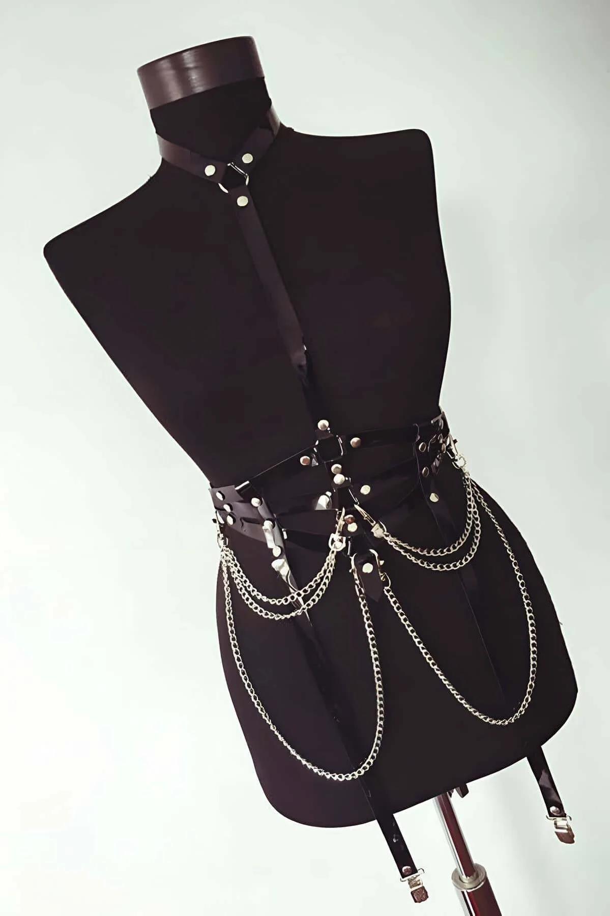 Adjustable Faux Leather Body Harness with Chains and Garter Straps