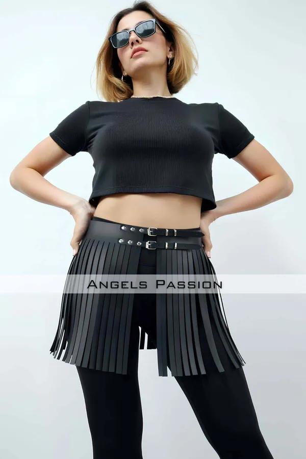 Women's Black Fringe Belt - Adjustable Faux Leather Waist