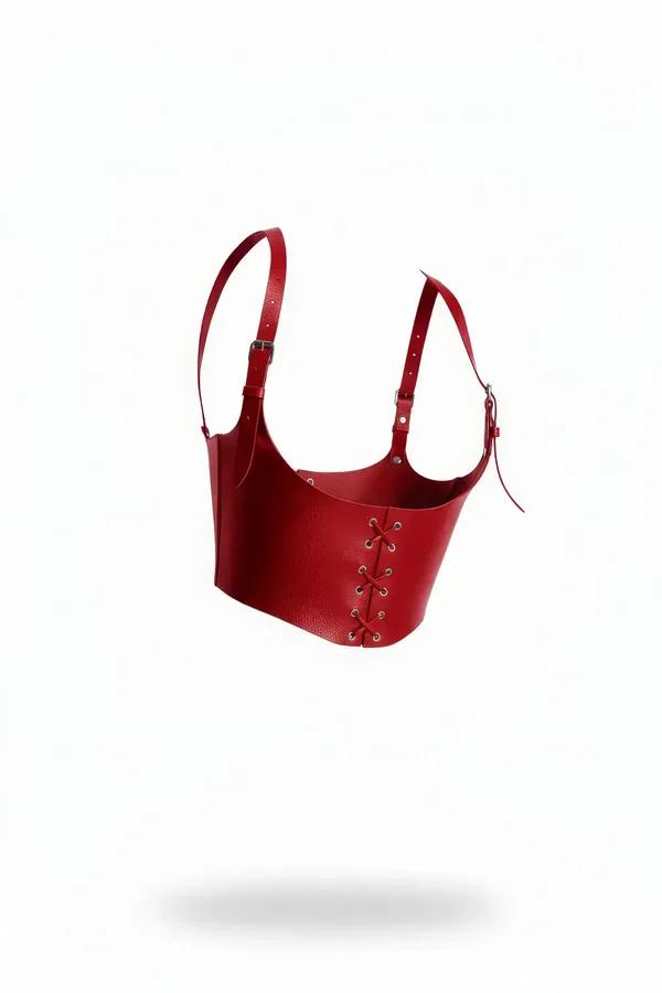 Red Faux Leather Underbust Harness Top with Lacing