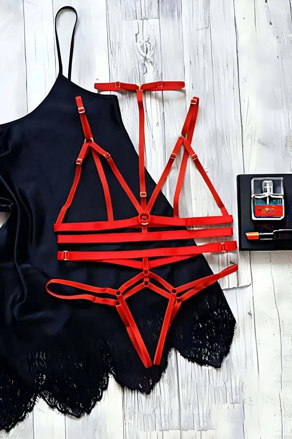 Red Strappy Lingerie Harness Set - Adjustable Bra Thong Choker