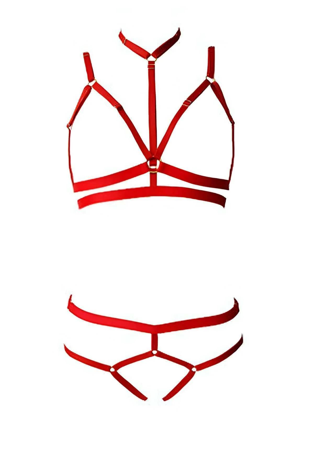 Sexy Red Adjustable Harness Lingerie Bra & Thong Set