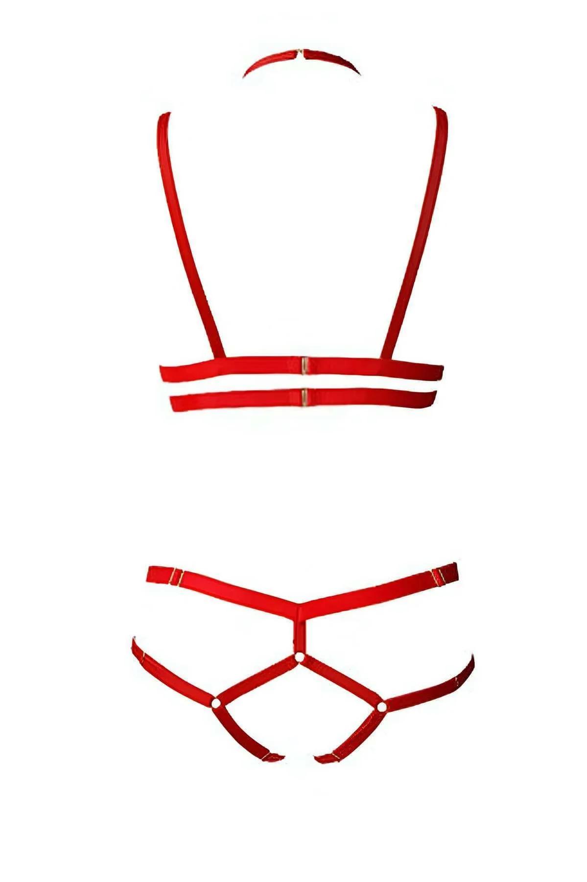 Sexy Red Adjustable Harness Lingerie Bra & Thong Set