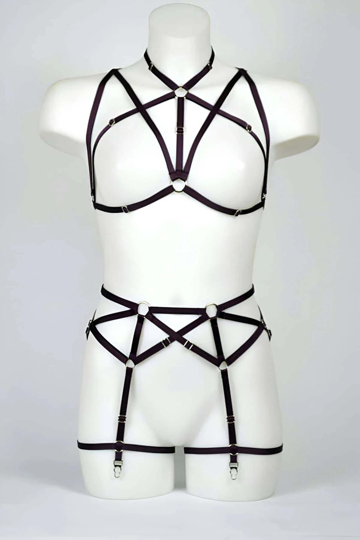 Adjustable Body Harness Set with Garter Belt & Pentagram