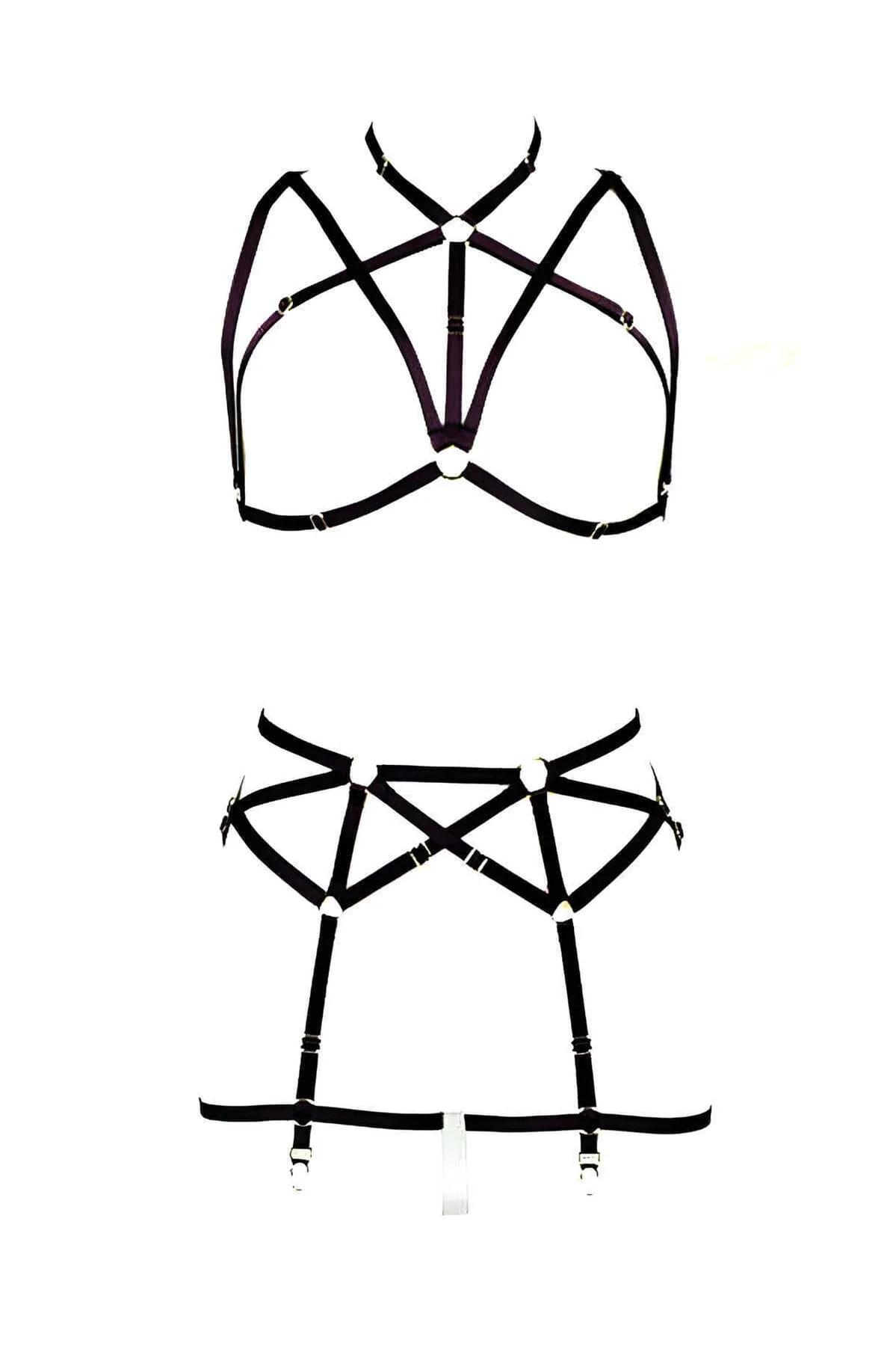 Adjustable Body Harness Set with Garter Belt & Pentagram