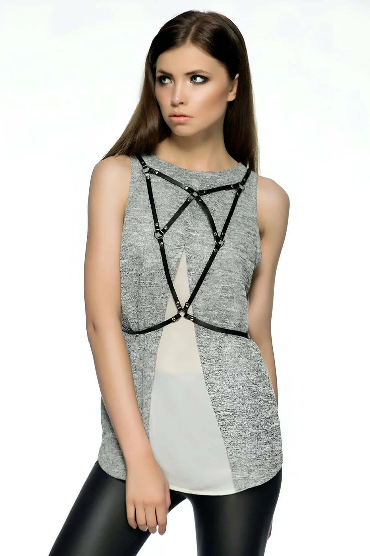 Leather Body Harness Top with Adjustable Straps & V-Back