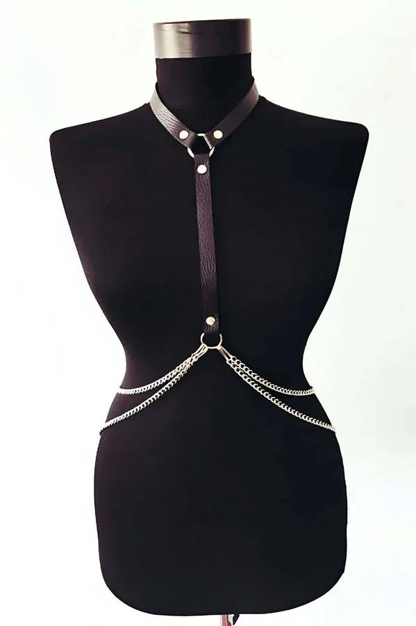 Faux Leather Body Harness with Chains - Adjustable Chest Accessory