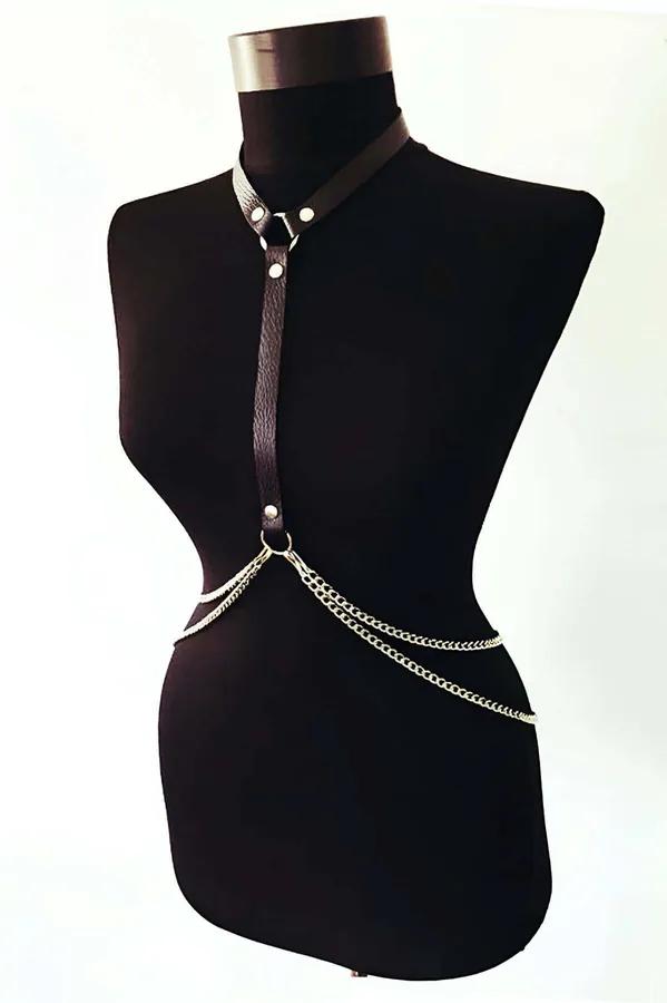 Faux Leather Body Harness with Chains - Adjustable Chest Accessory