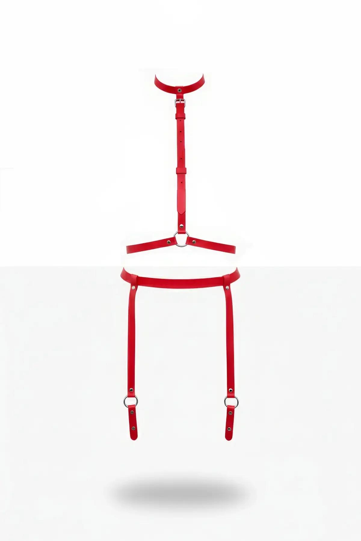 Red Faux Leather Adjustable Body Harness with O-Rings