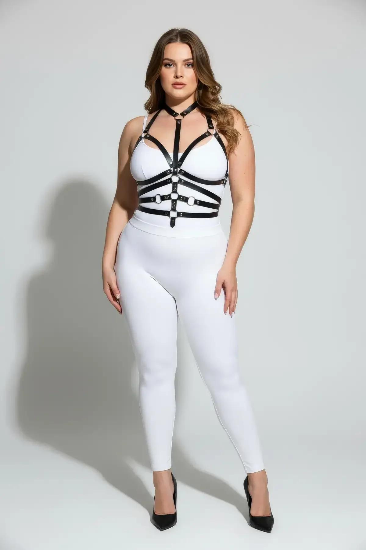 Black Faux Leather Body Harness with O-Ring Detail