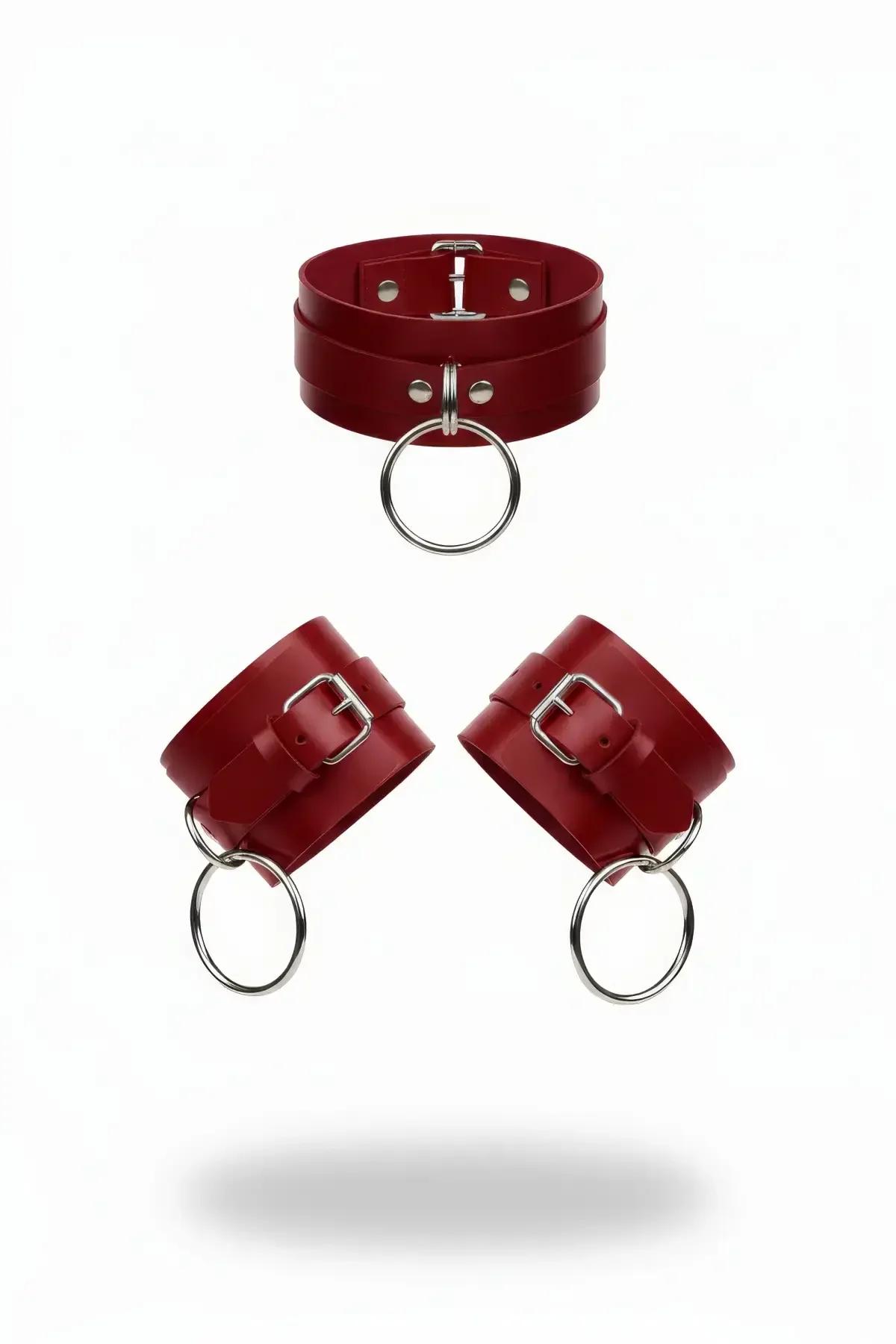 Red O-Ring Faux Leather Choker & Wrist Cuffs Set