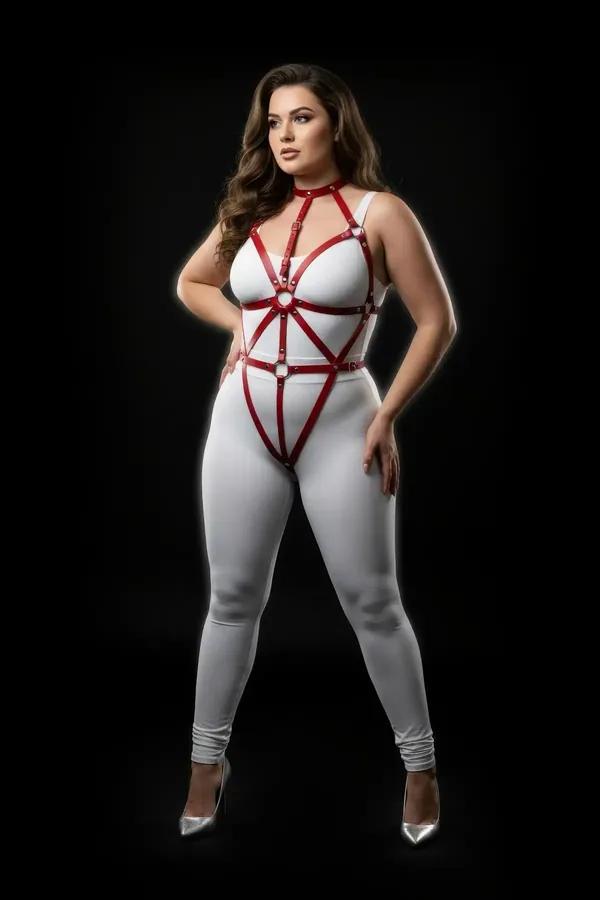 Plus Size Red Leather Body Harness - Adjustable Fit
