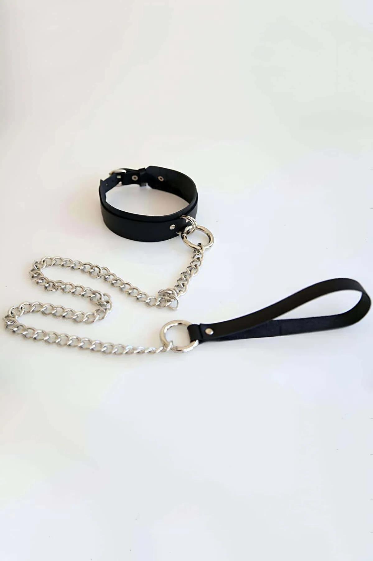 Black Faux Leather Choker Collar with Adjustable Chain Detail